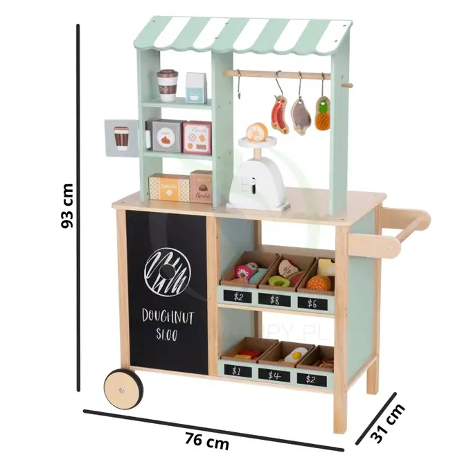 Drewniany Sklepik i Stragan 2w1 – Wielofunkcyjny Food Truck z 73 Akcesoriami