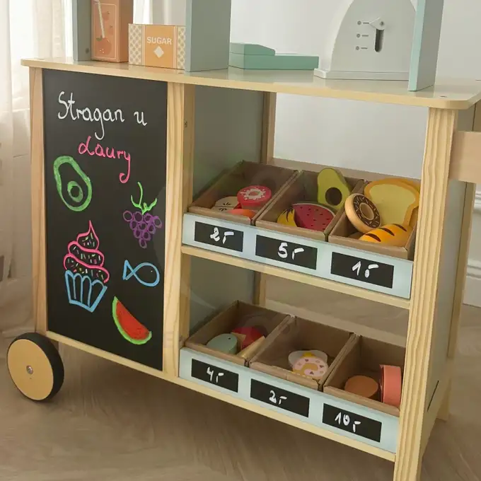 Drewniany Sklepik i Stragan 2w1 – Wielofunkcyjny Food Truck z 73 Akcesoriami